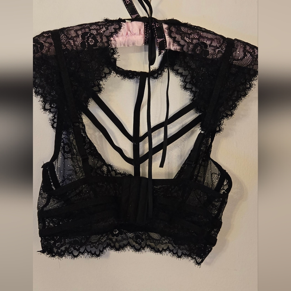 4 Pc Set Lace Cage Tie Collarbone Detail Mesh See Thru Skirt Garter Gloves Sexy - Picture 3 of 16